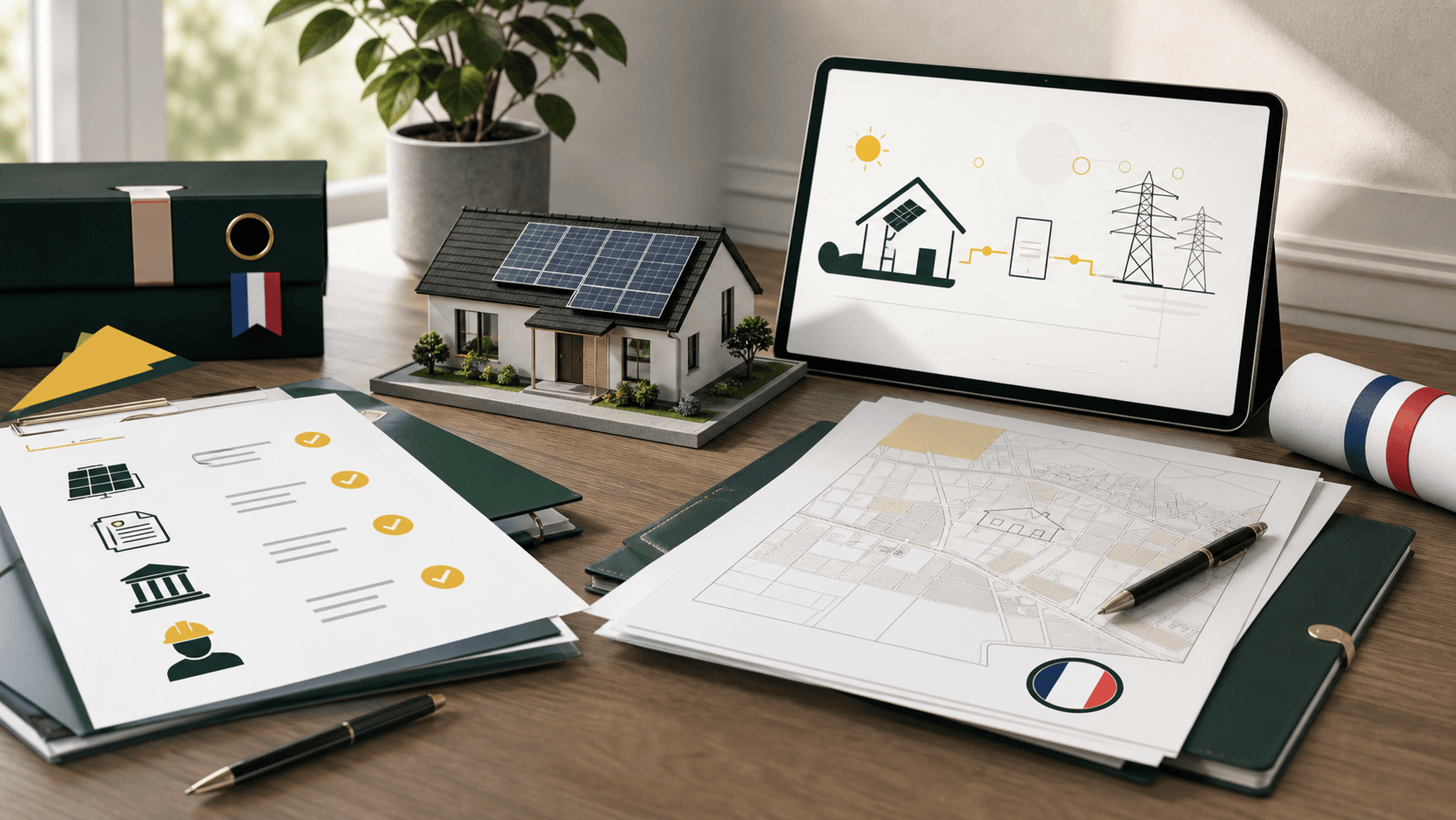 Dossier de projet solaire avec documents administratifs et maquette de maison photovoltaïque