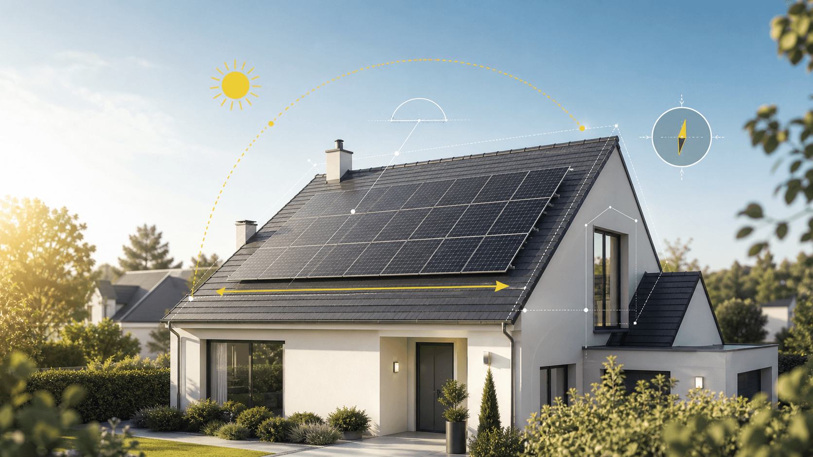 Toiture résidentielle avec panneaux solaires et repères de dimensionnement