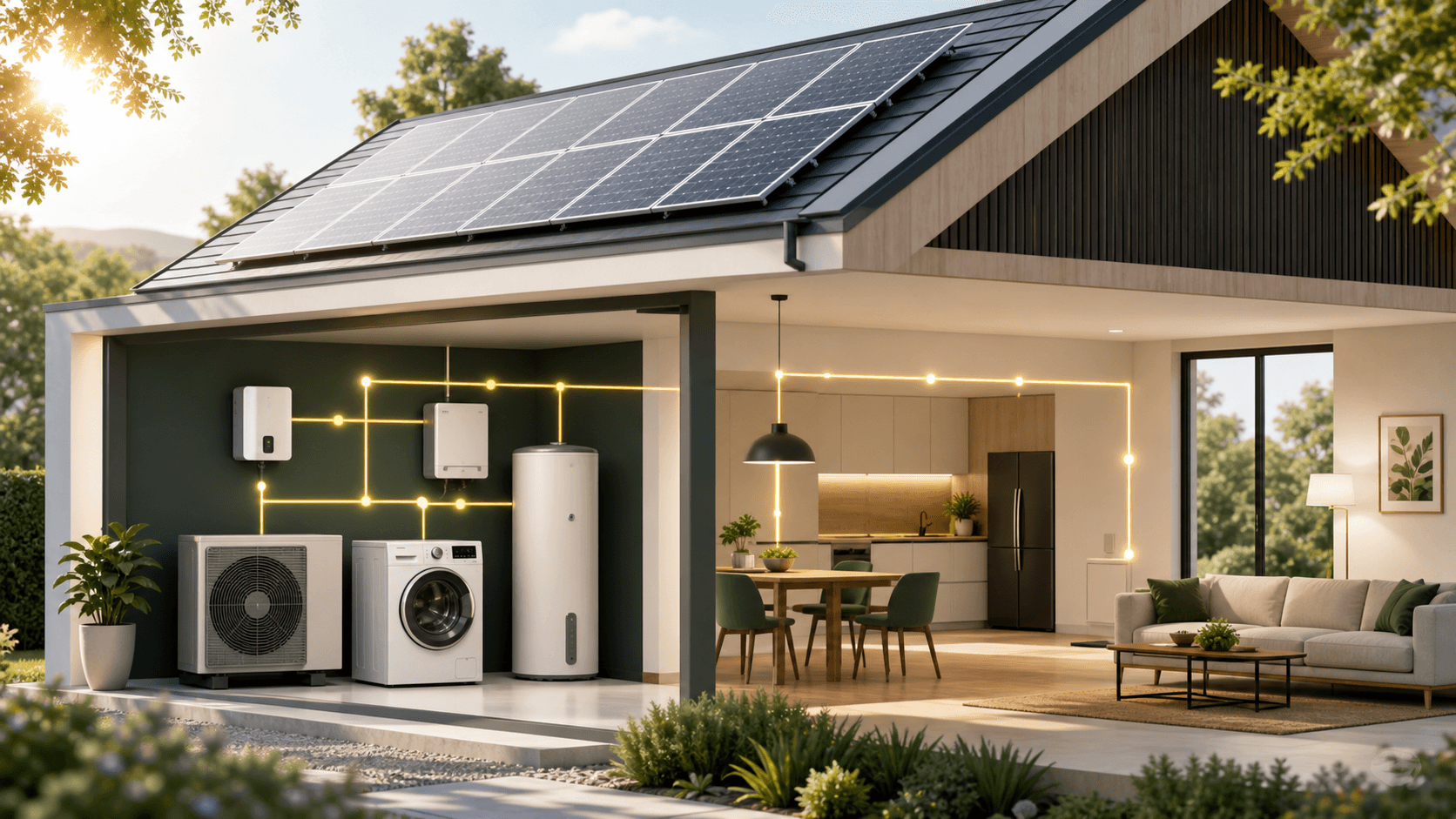 Maison solaire avec flux d'énergie vers les équipements domestiques