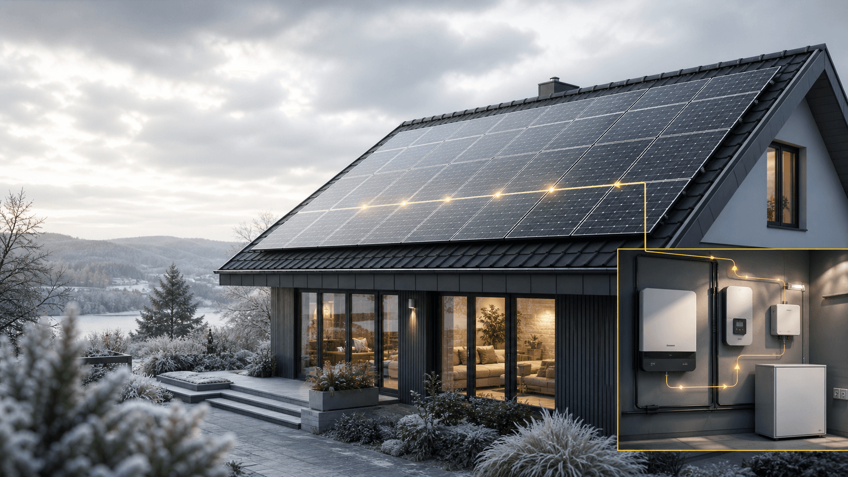 Maison équipée de panneaux solaires et matériel technique résidentiel